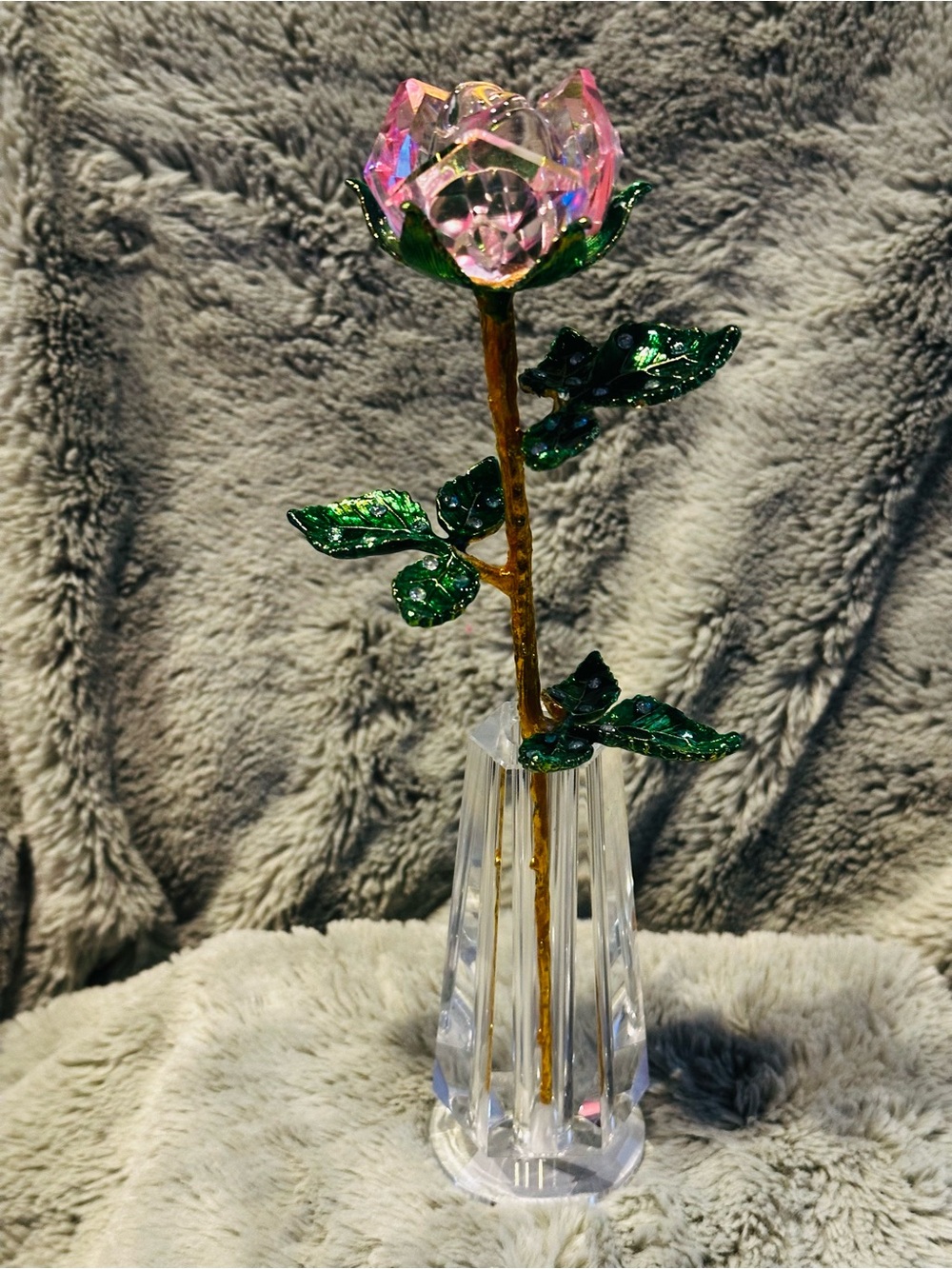 Crystal Pink Rose Flower Green Leaves Glass Vase Tabletop Showpiece Romantic